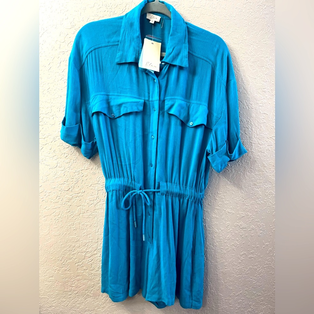 ELAN Medium Belted Cuff Sleeve Cover-Up Romper in Aqua